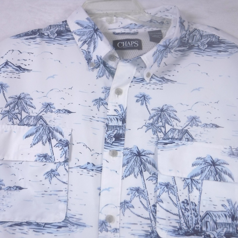 Chaps Mens XXL Short Sleeve Button Down Shirt Blue White Tropical Island Scenic